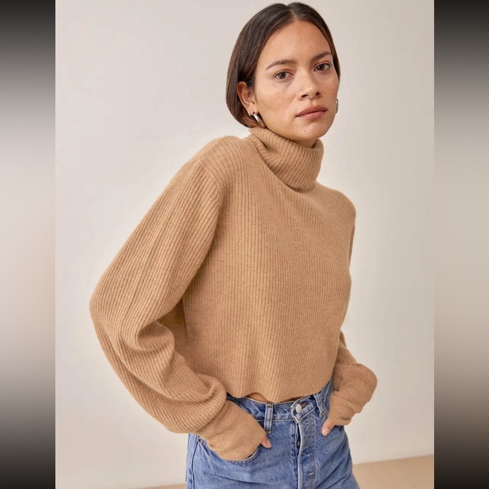 Reformation cropped cashmere sweater camel tan ribbed knit turtleneck spring XS - Picture 10 of 10